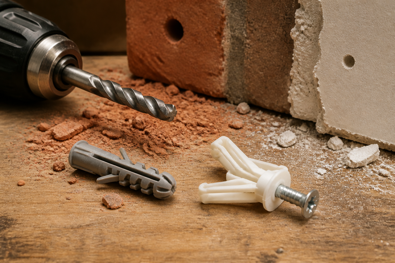Drill bit and wall anchors on a workbench with brick and drywall scraps, editorial illustration
