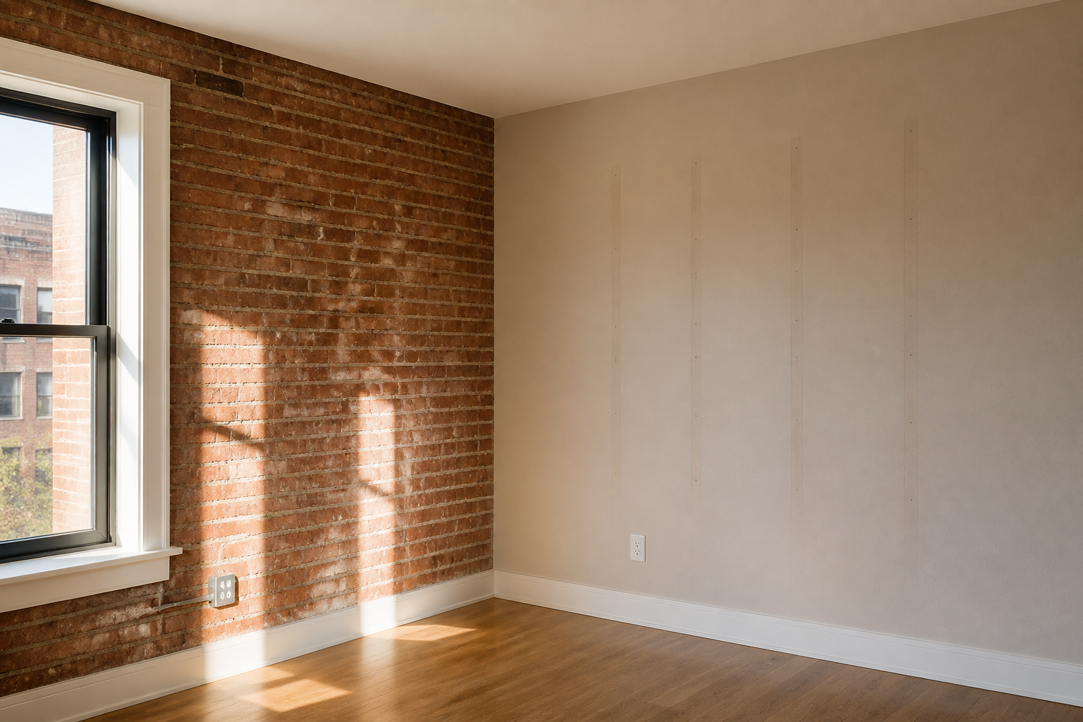 Boston room corner showing brick wall beside painted drywall, editorial illustration