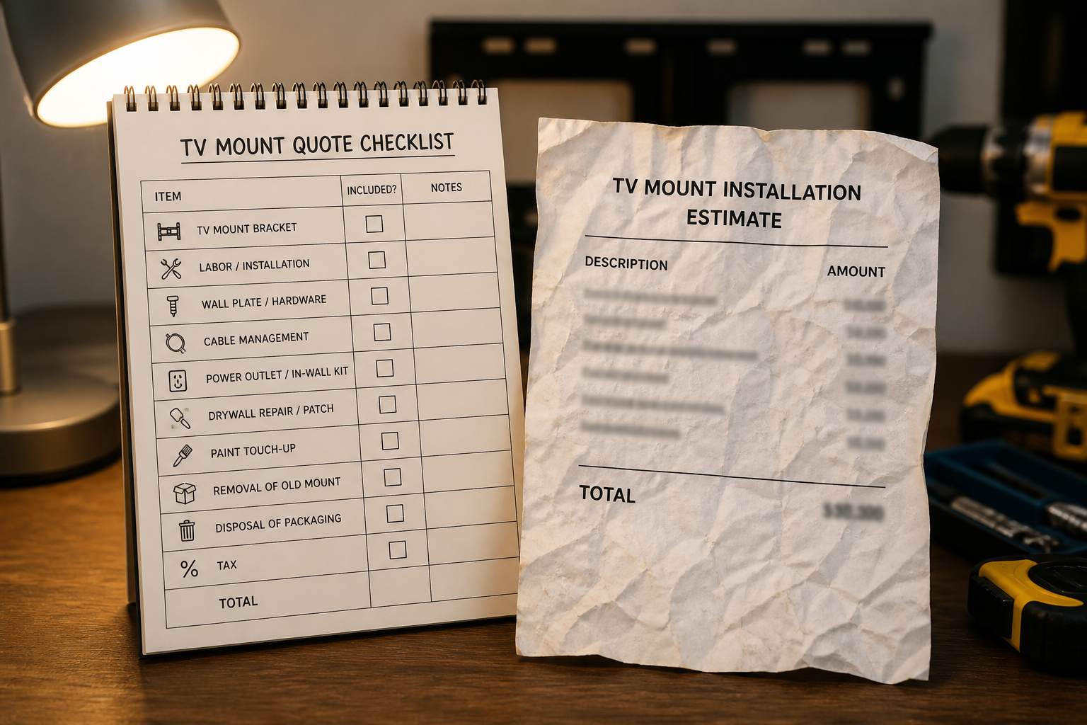 Clear checklist notepad beside a vague crumpled estimate, editorial illustration