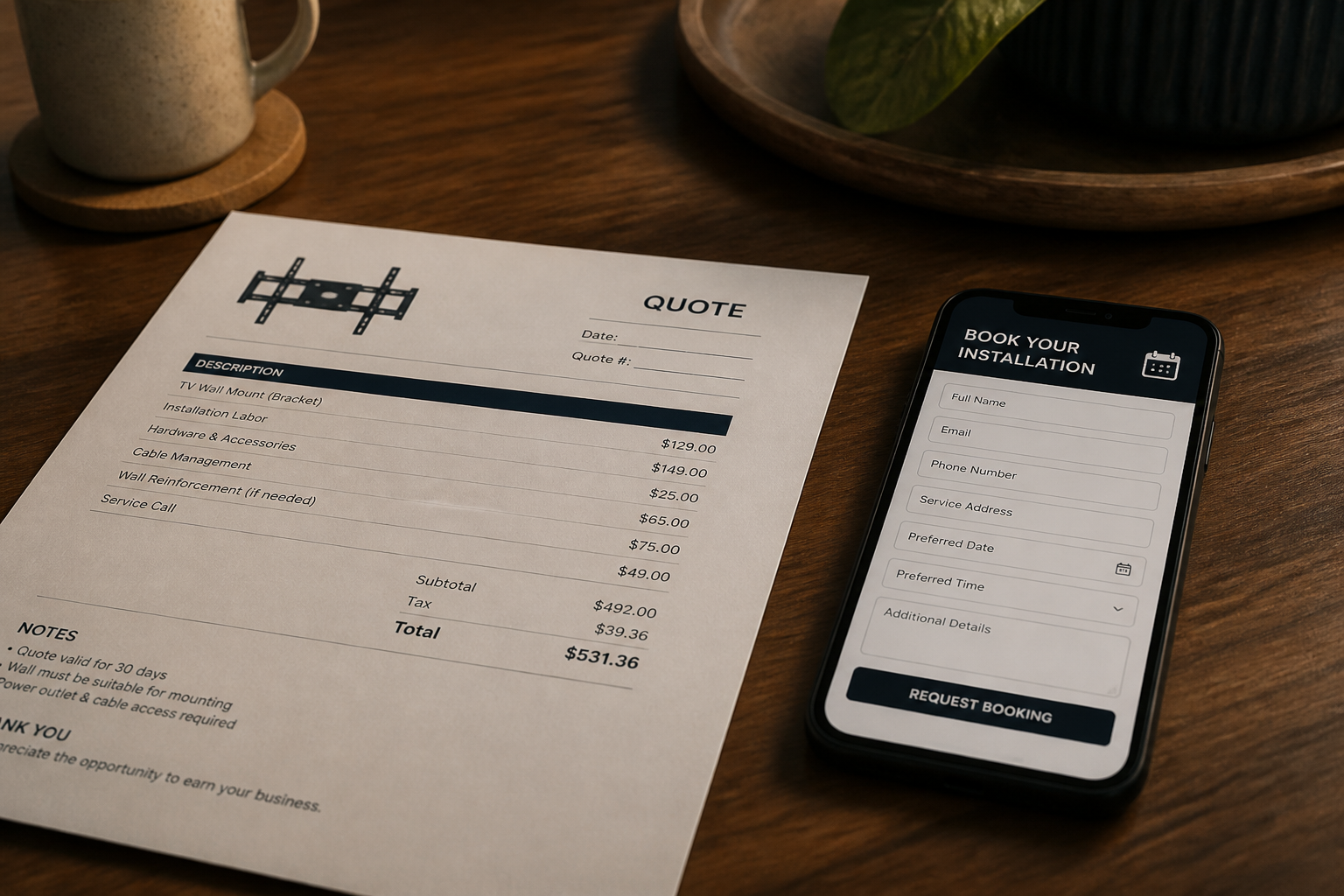 Paper quote and phone booking form on a table, editorial illustration